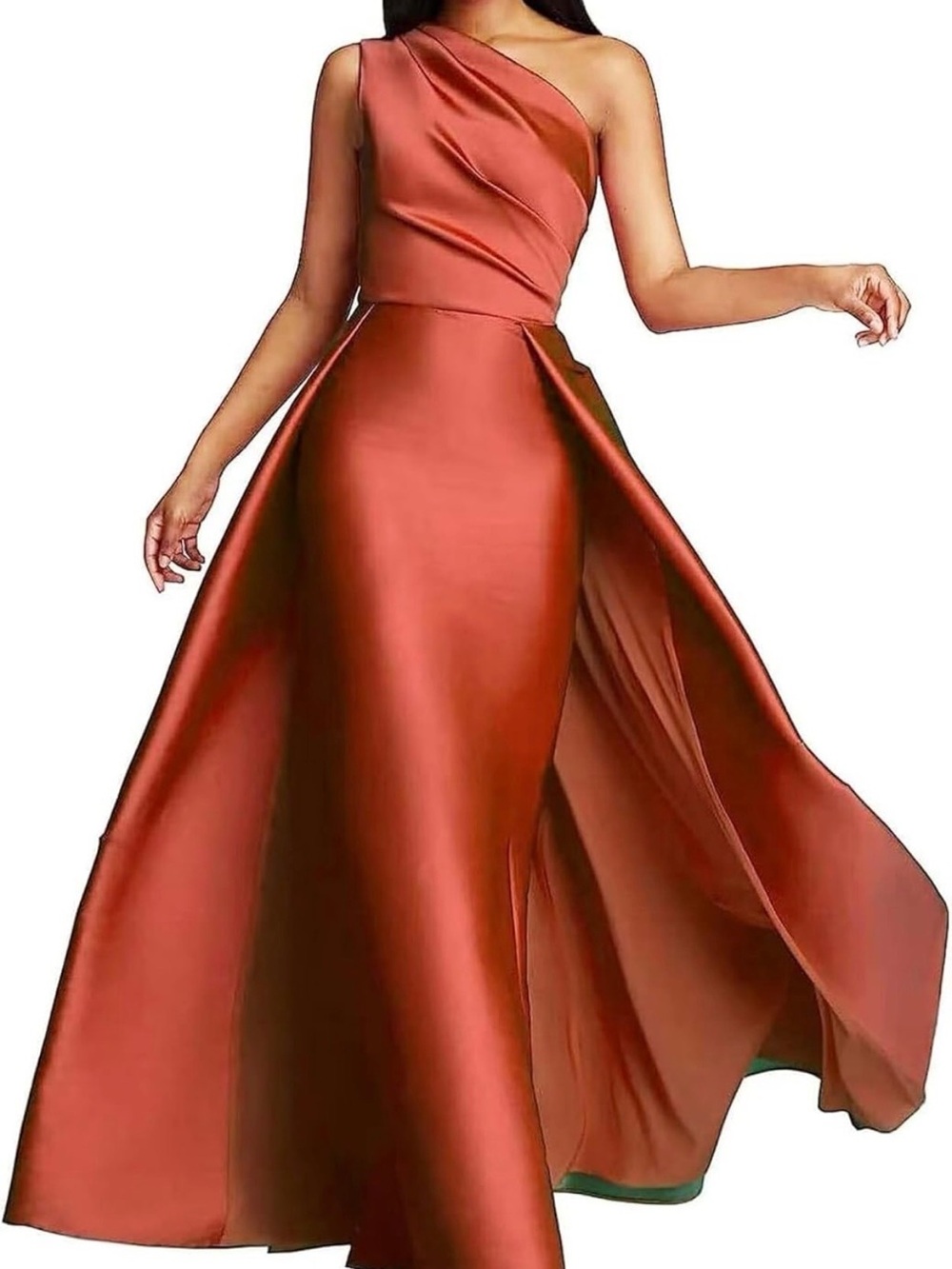 Elegant One-Shoulder Satin Evening Dress - Rust burnt orange